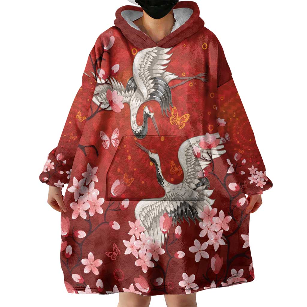 Hawaii Japan Cranes Sakura Flower Red Wearable Blanket Hoodie Japan Heritage Spirit LT01 - Polynesian Pride