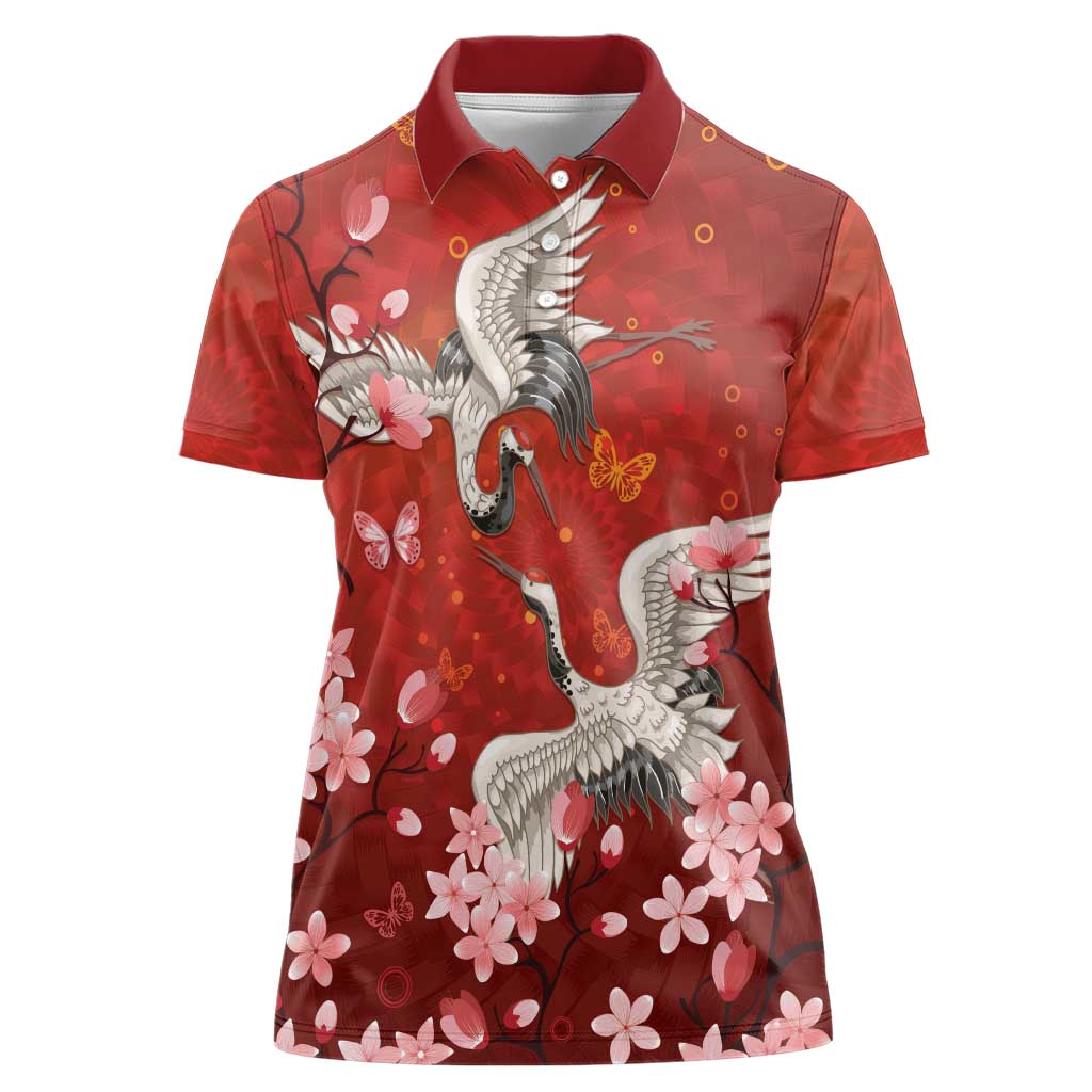 Hawaii Japan Cranes Sakura Flower Red Women Polo Shirt Japan Heritage Spirit LT01 Female Red - Polynesian Pride