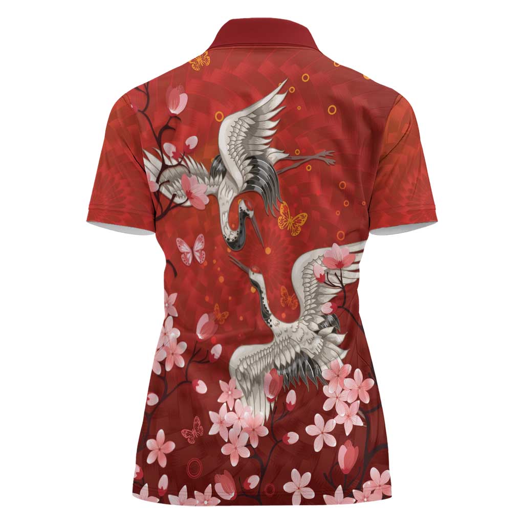 Hawaii Japan Cranes Sakura Flower Red Women Polo Shirt Japan Heritage Spirit LT01 - Polynesian Pride