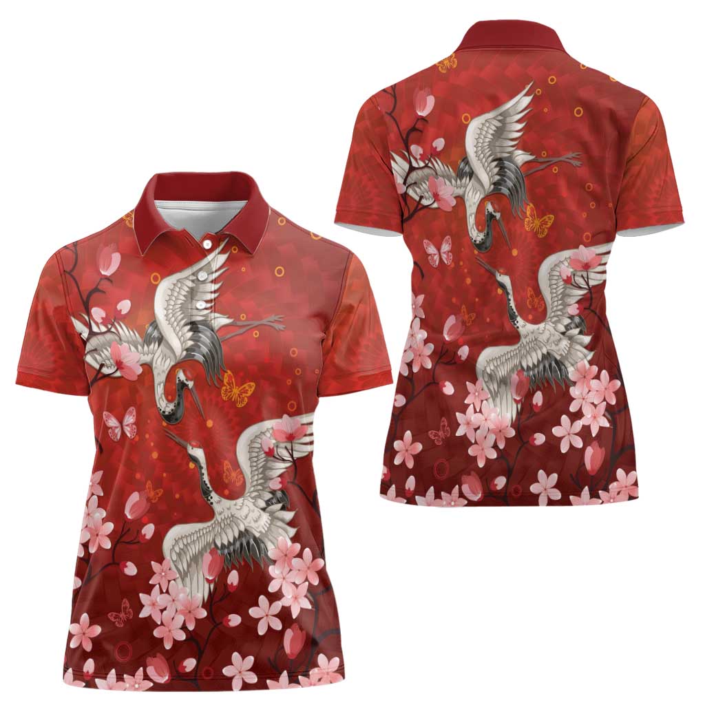 Hawaii Japan Cranes Sakura Flower Red Women Polo Shirt Japan Heritage Spirit LT01 - Polynesian Pride