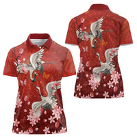 Hawaii Japan Cranes Sakura Flower Red Women Polo Shirt Japan Heritage Spirit LT01 - Polynesian Pride