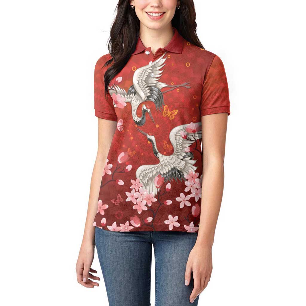 Hawaii Japan Cranes Sakura Flower Red Women Polo Shirt Japan Heritage Spirit LT01 - Polynesian Pride