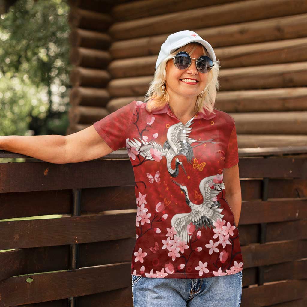 Hawaii Japan Cranes Sakura Flower Red Women Polo Shirt Japan Heritage Spirit LT01 - Polynesian Pride