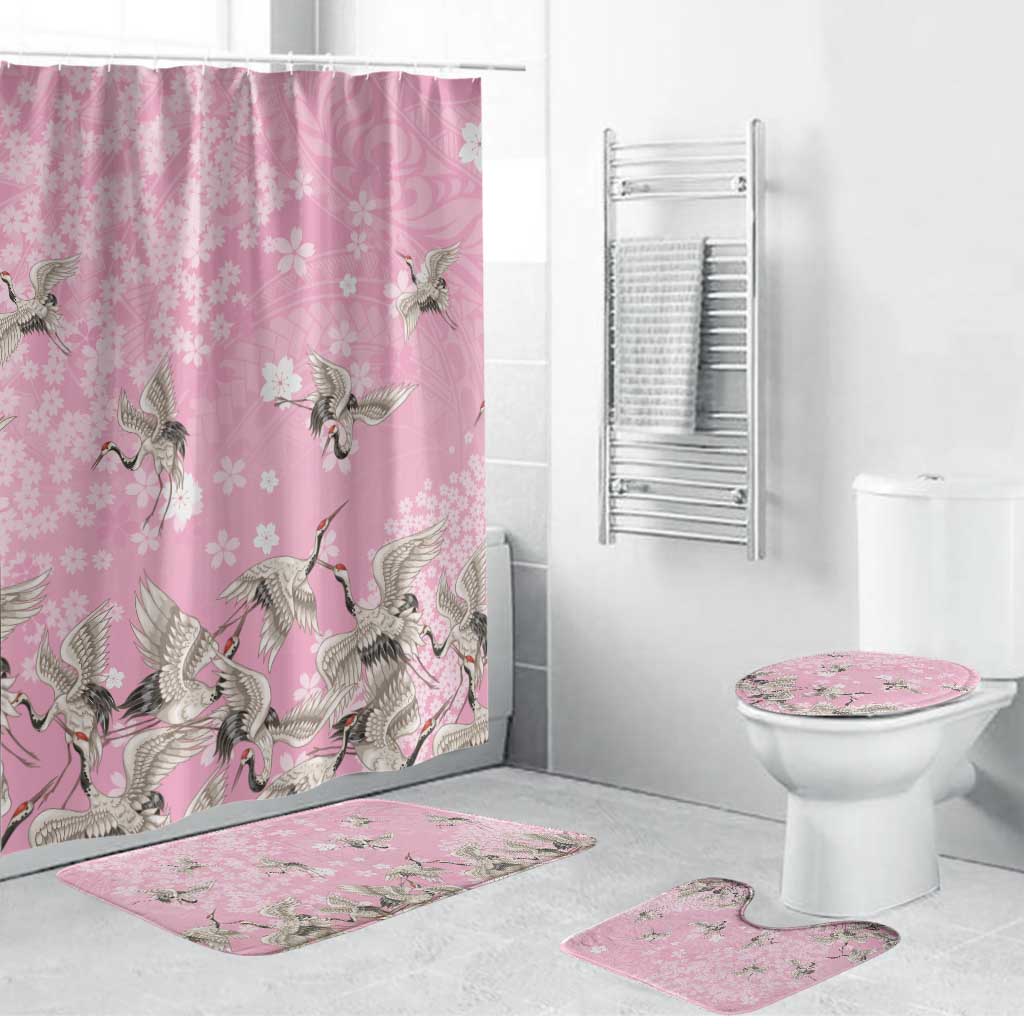 Cranes Sakura Floral Pink Pastel Bathroom Set Hawaii Japan Culture LT01 Bathroom Set (4 pcs) Pink - Polynesian Pride