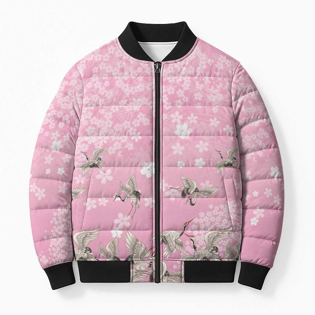 Cranes Sakura Floral Pink Pastel Bomber Puffer Jacket Hawaii Japan Culture LT01 Unisex Pink - Polynesian Pride