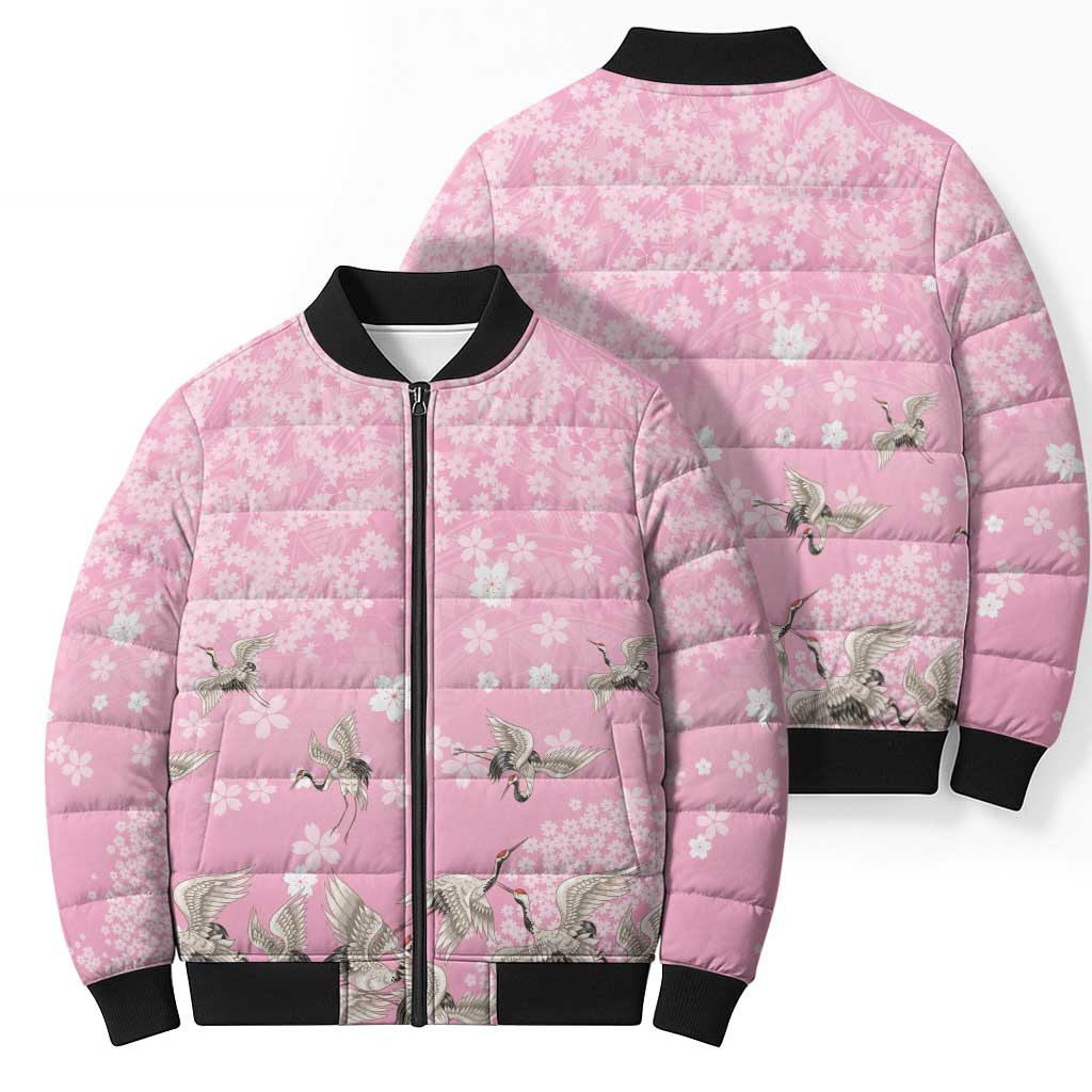 Cranes Sakura Floral Pink Pastel Bomber Puffer Jacket Hawaii Japan Culture LT01 - Polynesian Pride