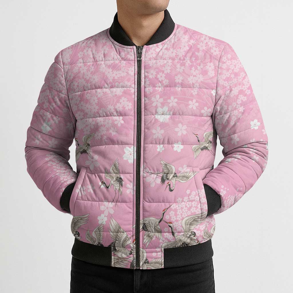 Cranes Sakura Floral Pink Pastel Bomber Puffer Jacket Hawaii Japan Culture LT01 - Polynesian Pride