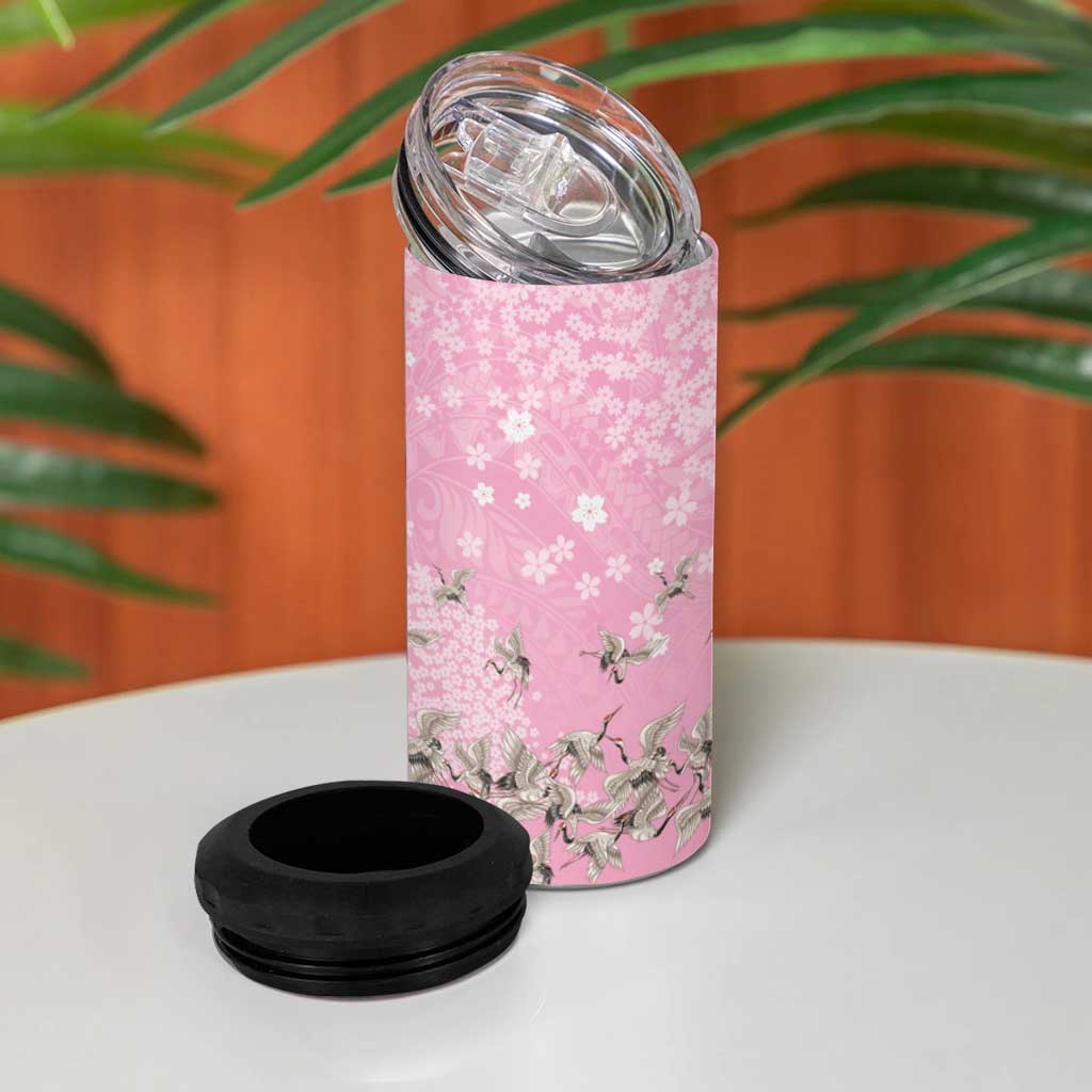 Cranes Sakura Floral Pink Pastel 4 in 1 Can Cooler Tumbler Hawaii Japan Culture LT01 - Polynesian Pride