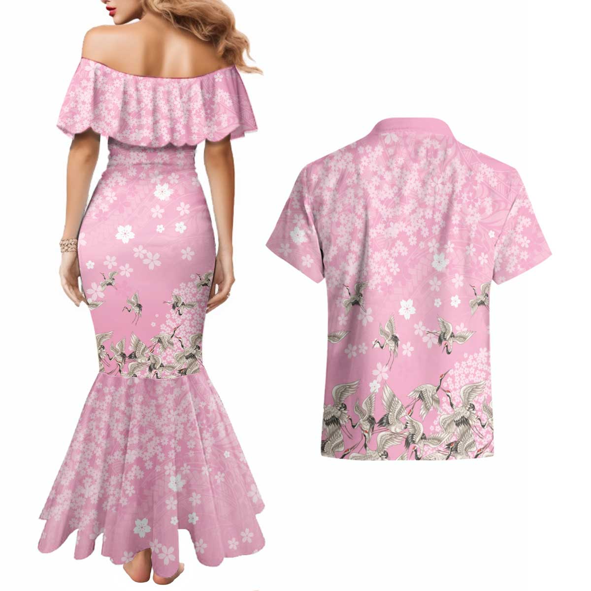 Cranes Sakura Floral Pink Pastel Couples Matching Mermaid Dress and Hawaiian Shirt Hawaii Japan Culture - Polynesian Pride