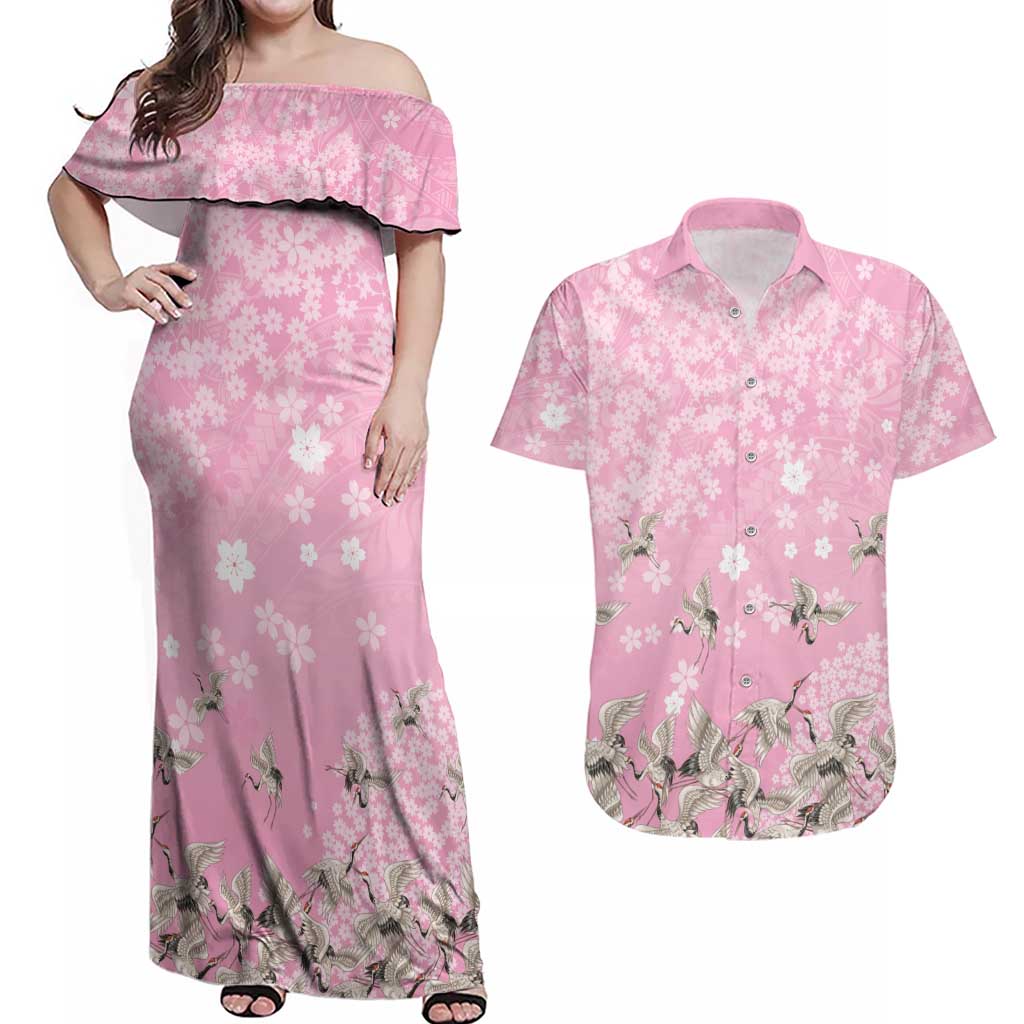 Cranes Sakura Floral Pink Pastel Couples Matching Off Shoulder Maxi Dress and Hawaiian Shirt Hawaii Japan Culture - Polynesian Pride