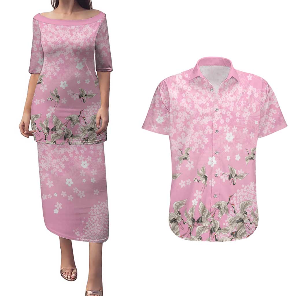 Cranes Sakura Floral Pink Pastel Couples Matching Puletasi and Hawaiian Shirt Hawaii Japan Culture - Polynesian Pride