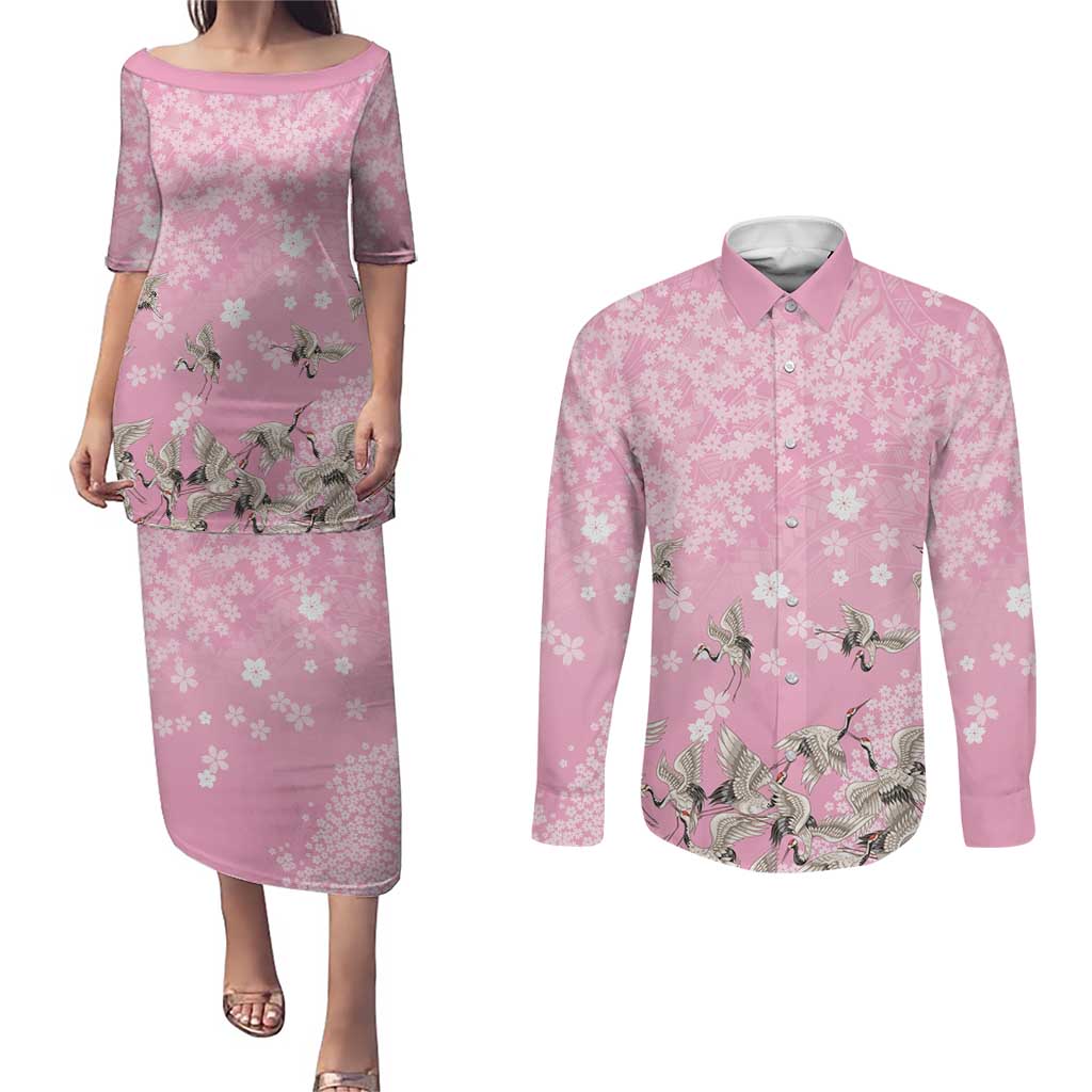 Cranes Sakura Floral Pink Pastel Couples Matching Puletasi and Long Sleeve Button Shirt Hawaii Japan Culture LT01 Pink - Polynesian Pride