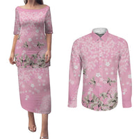 Cranes Sakura Floral Pink Pastel Couples Matching Puletasi and Long Sleeve Button Shirt Hawaii Japan Culture LT01 Pink - Polynesian Pride