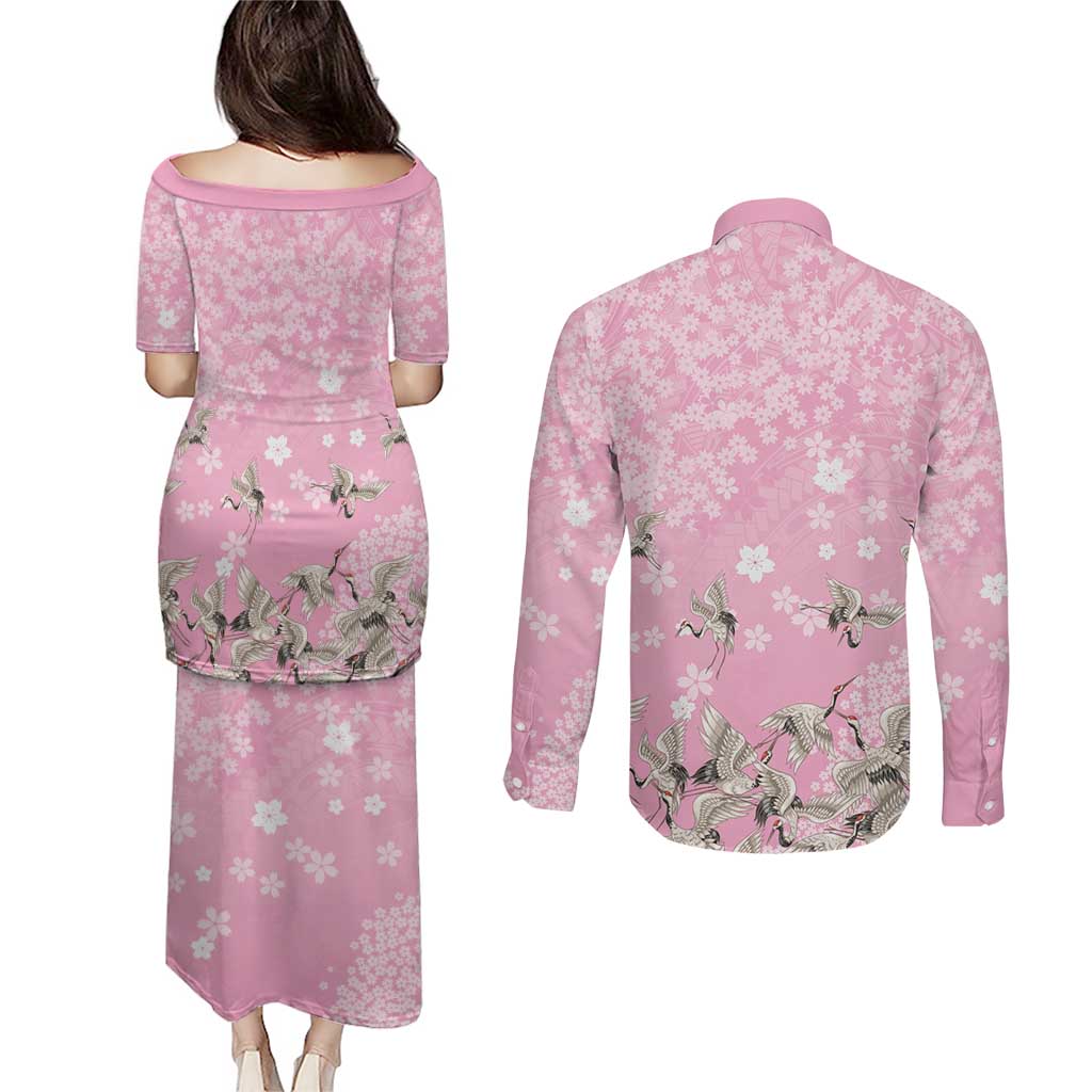 Cranes Sakura Floral Pink Pastel Couples Matching Puletasi and Long Sleeve Button Shirt Hawaii Japan Culture LT01 - Polynesian Pride
