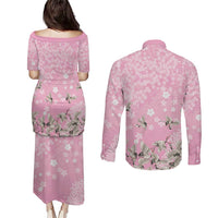 Cranes Sakura Floral Pink Pastel Couples Matching Puletasi and Long Sleeve Button Shirt Hawaii Japan Culture LT01 - Polynesian Pride