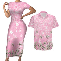 Cranes Sakura Floral Pink Pastel Couples Matching Short Sleeve Bodycon Dress and Hawaiian Shirt Hawaii Japan Culture - Polynesian Pride