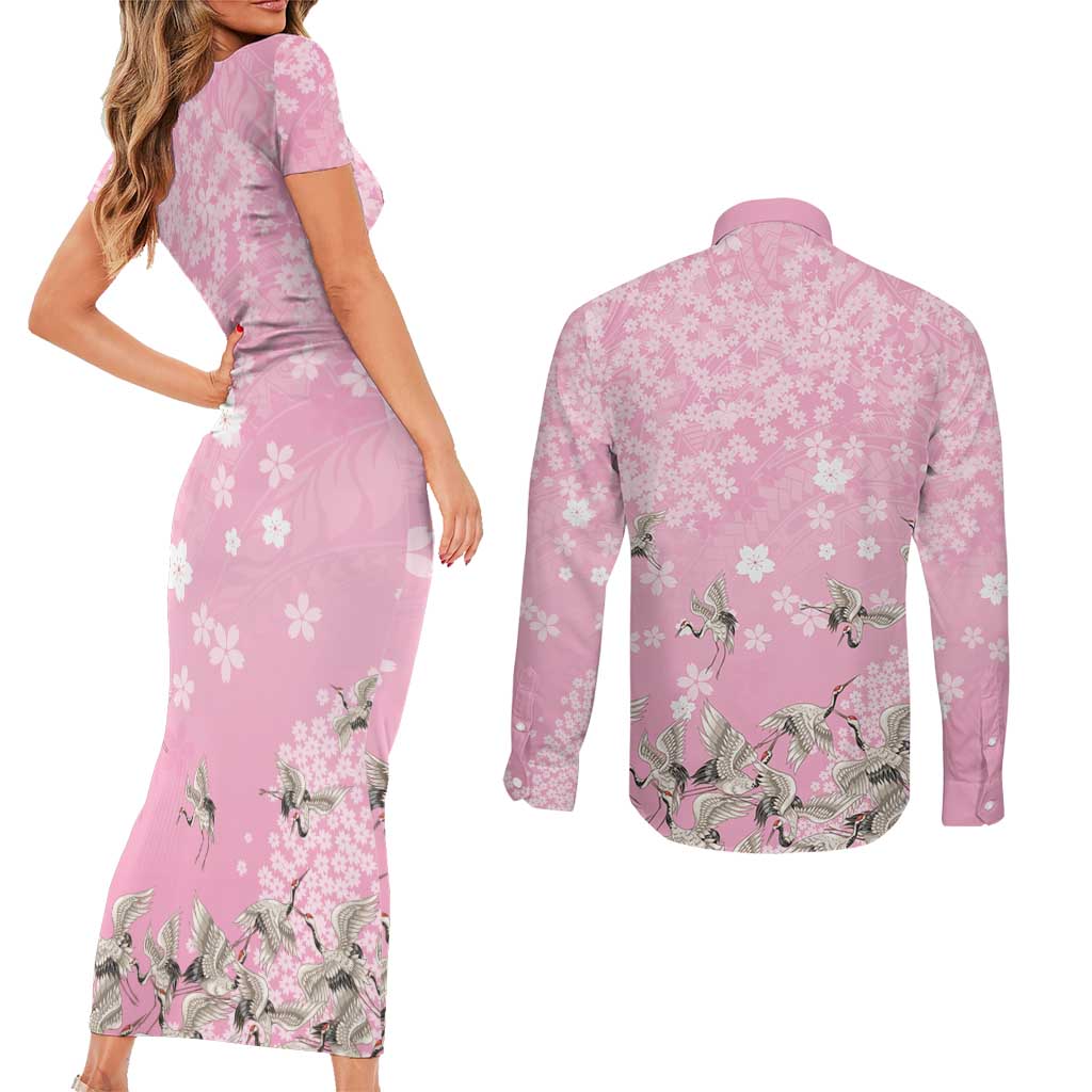Cranes Sakura Floral Pink Pastel Couples Matching Short Sleeve Bodycon Dress and Long Sleeve Button Shirt Hawaii Japan Culture - Polynesian Pride