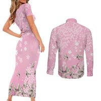 Cranes Sakura Floral Pink Pastel Couples Matching Short Sleeve Bodycon Dress and Long Sleeve Button Shirt Hawaii Japan Culture - Polynesian Pride