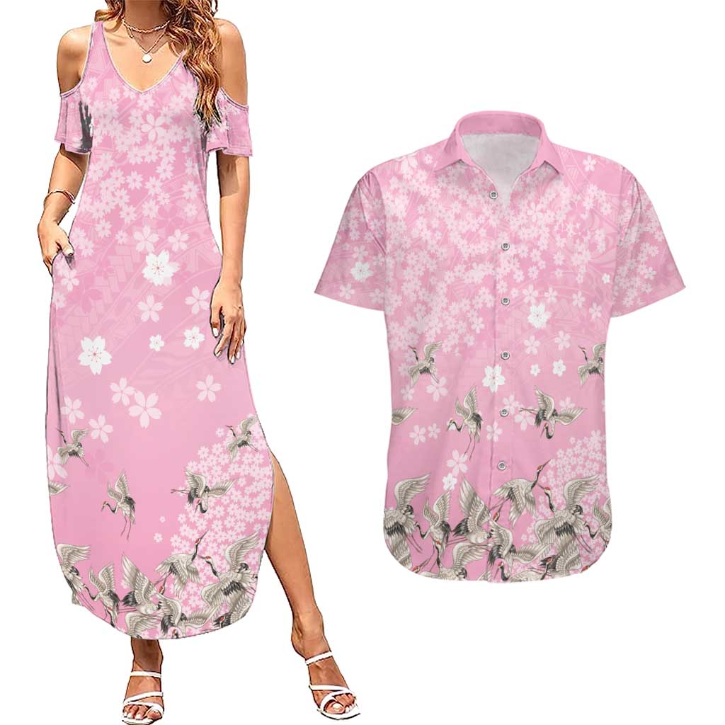 Cranes Sakura Floral Pink Pastel Couples Matching Summer Maxi Dress and Hawaiian Shirt Hawaii Japan Culture - Polynesian Pride
