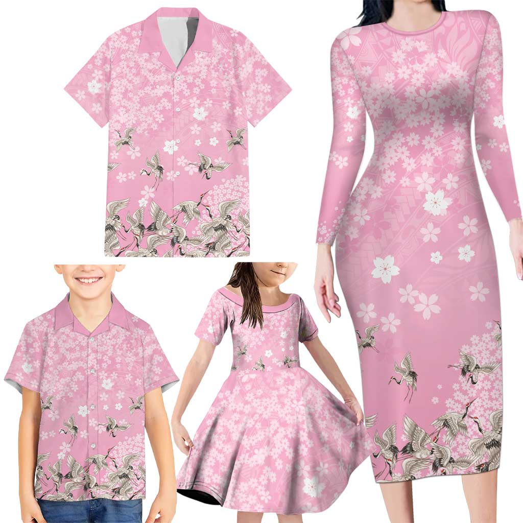 Cranes Sakura Floral Pink Pastel Family Matching Long Sleeve Bodycon Dress and Hawaiian Shirt Hawaii Japan Culture - Polynesian Pride