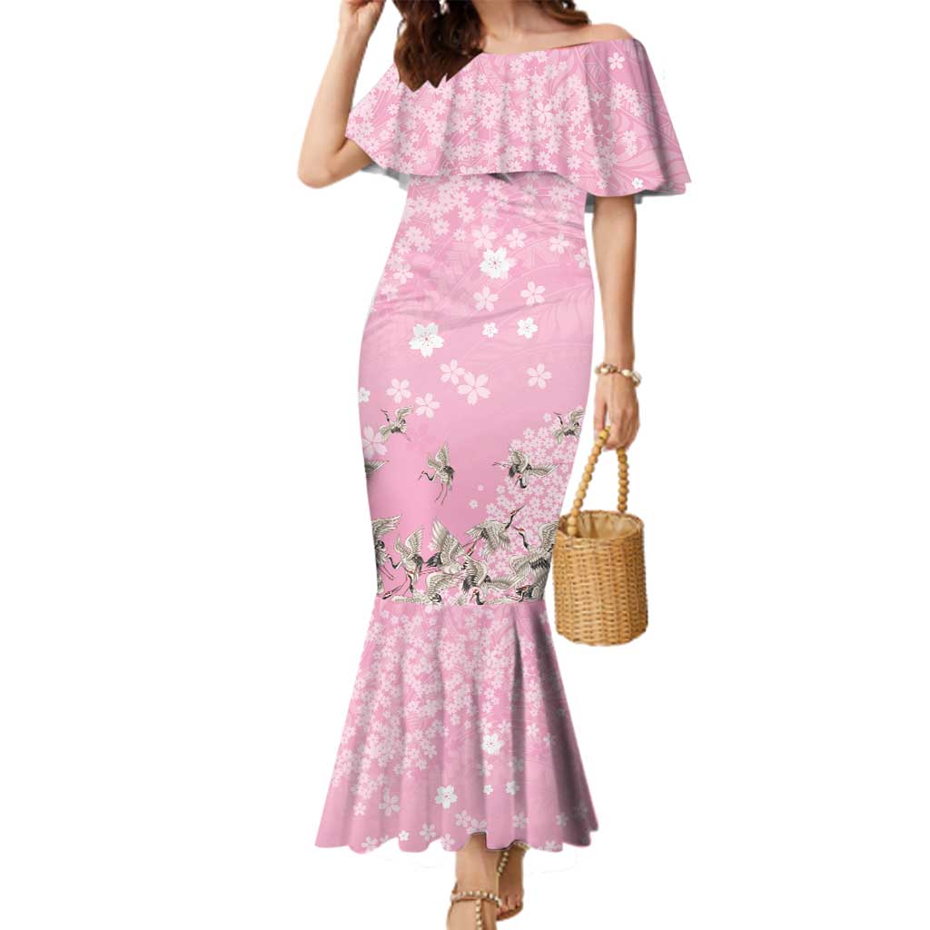Cranes Sakura Floral Pink Pastel Family Matching Mermaid Dress and Hawaiian Shirt Hawaii Japan Culture - Polynesian Pride