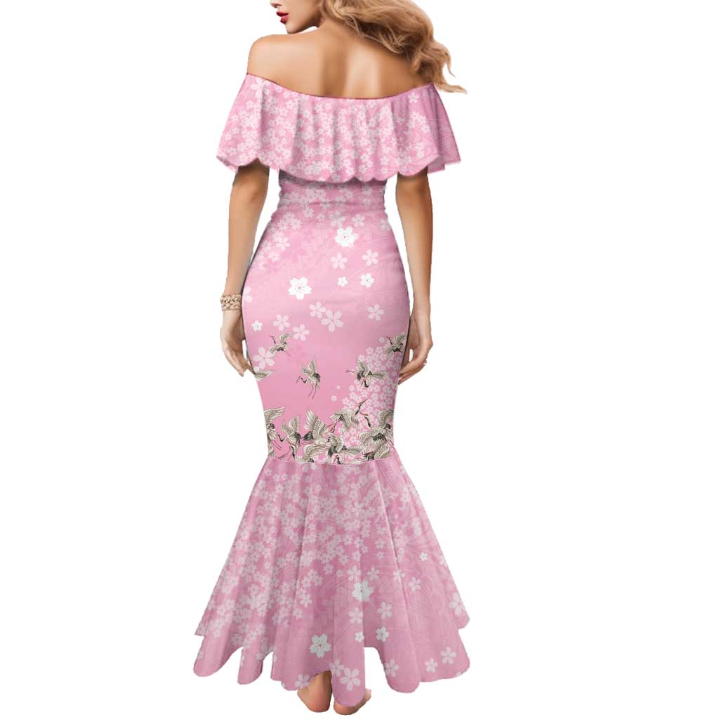 Cranes Sakura Floral Pink Pastel Family Matching Mermaid Dress and Hawaiian Shirt Hawaii Japan Culture - Polynesian Pride