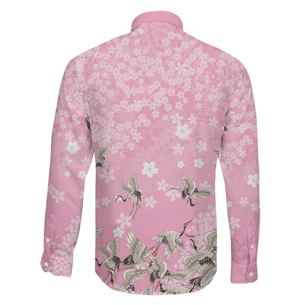 Cranes Sakura Floral Pink Pastel Family Matching Off The Shoulder Long Sleeve Dress and Hawaiian Shirt Hawaii Japan Culture - Polynesian Pride