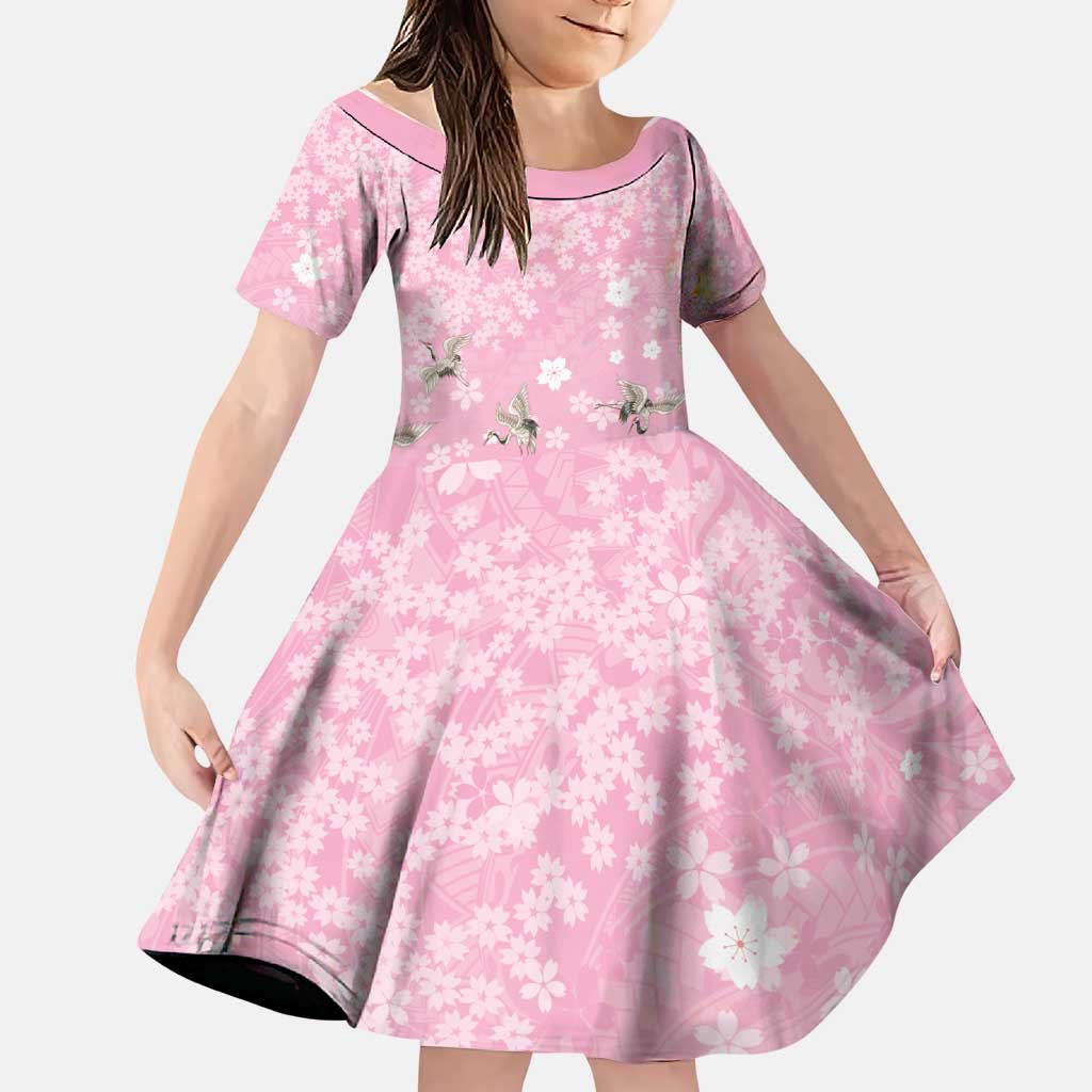Cranes Sakura Floral Pink Pastel Family Matching Off Shoulder Short Dress and Hawaiian Shirt Hawaii Japan Culture - Polynesian Pride