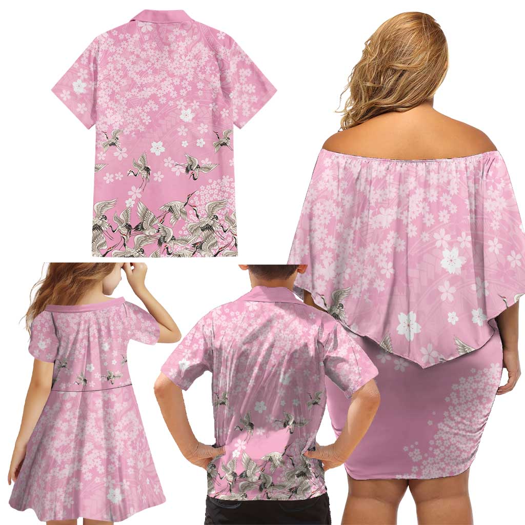 Cranes Sakura Floral Pink Pastel Family Matching Off Shoulder Short Dress and Hawaiian Shirt Hawaii Japan Culture - Polynesian Pride