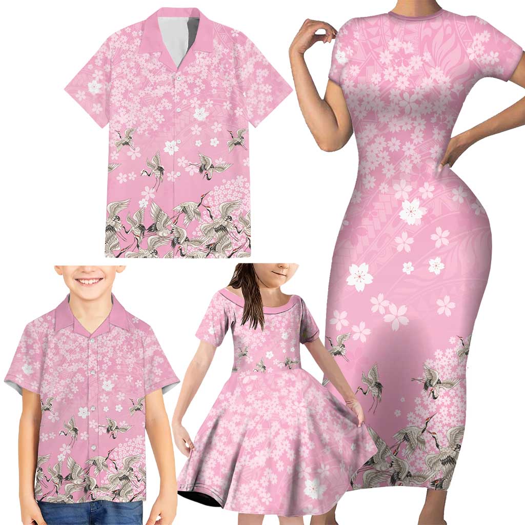 Cranes Sakura Floral Pink Pastel Family Matching Short Sleeve Bodycon Dress and Hawaiian Shirt Hawaii Japan Culture - Polynesian Pride