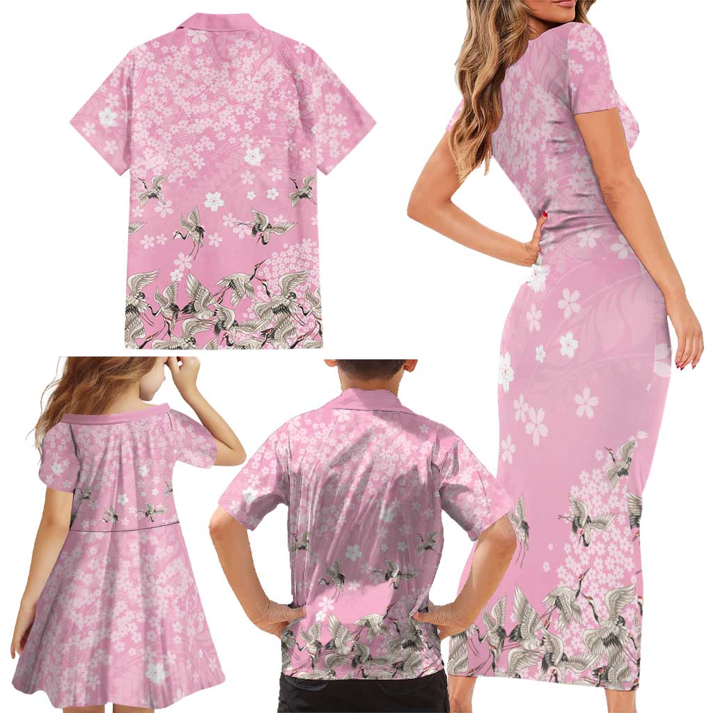 Cranes Sakura Floral Pink Pastel Family Matching Short Sleeve Bodycon Dress and Hawaiian Shirt Hawaii Japan Culture - Polynesian Pride