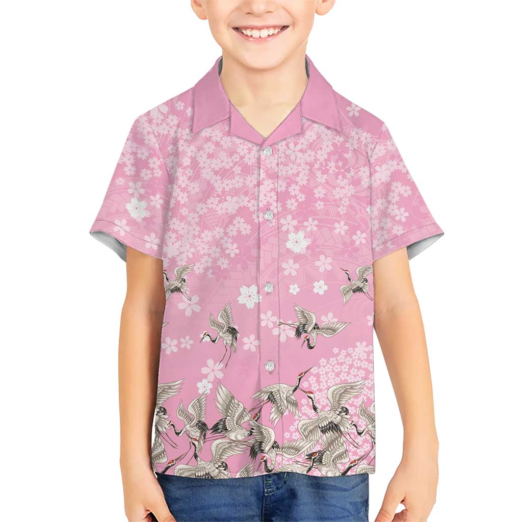 Cranes Sakura Floral Pink Pastel Family Matching Short Sleeve Bodycon Dress and Hawaiian Shirt Hawaii Japan Culture - Polynesian Pride
