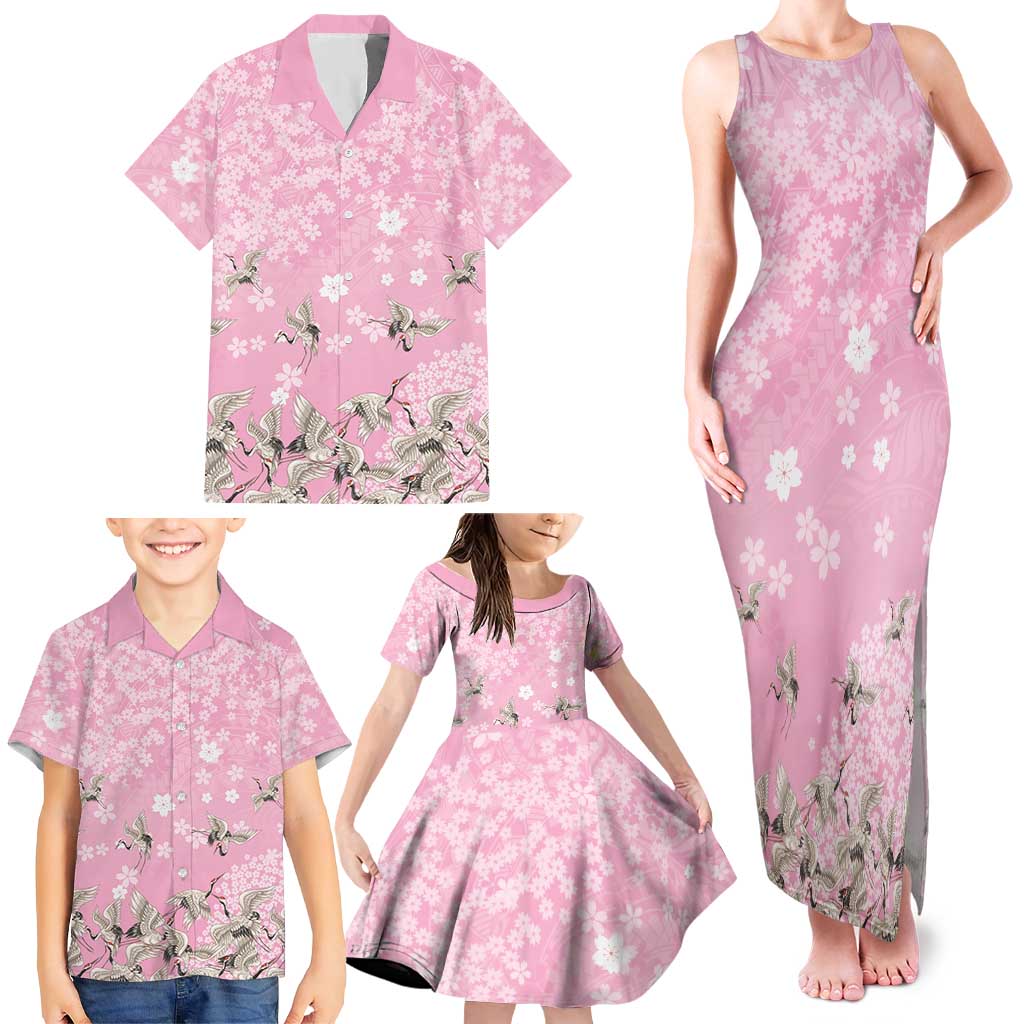 Cranes Sakura Floral Pink Pastel Family Matching Tank Maxi Dress and Hawaiian Shirt Hawaii Japan Culture - Polynesian Pride