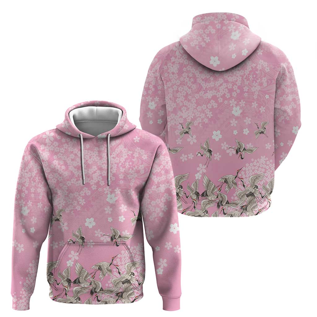 Cranes Sakura Floral Pink Pastel Hoodie Hawaii Japan Culture LT01 - Polynesian Pride