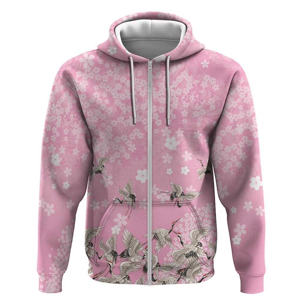 Cranes Sakura Floral Pink Pastel Hoodie Hawaii Japan Culture LT01 Zip Hoodie Pink - Polynesian Pride