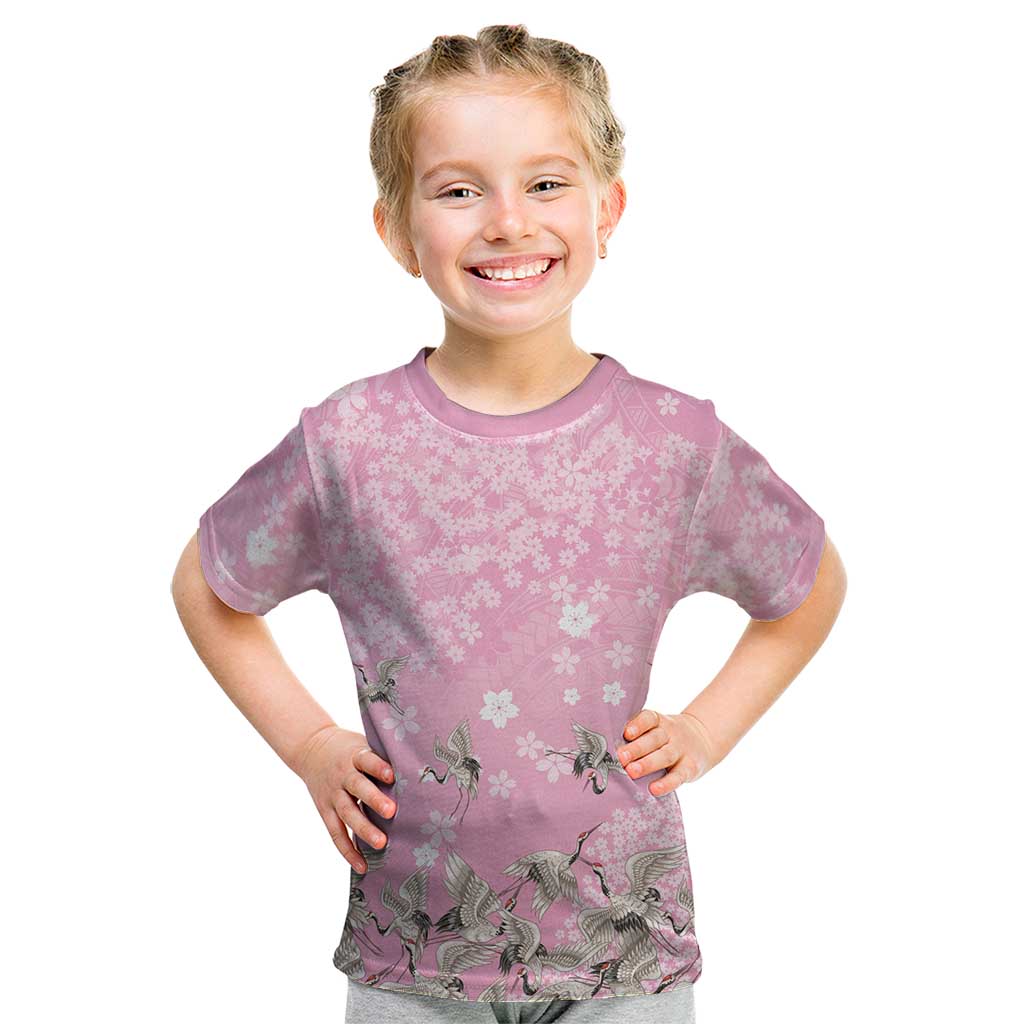 Cranes Sakura Floral Pink Pastel Kid T Shirt Hawaii Japan Culture LT01 Pink - Polynesian Pride