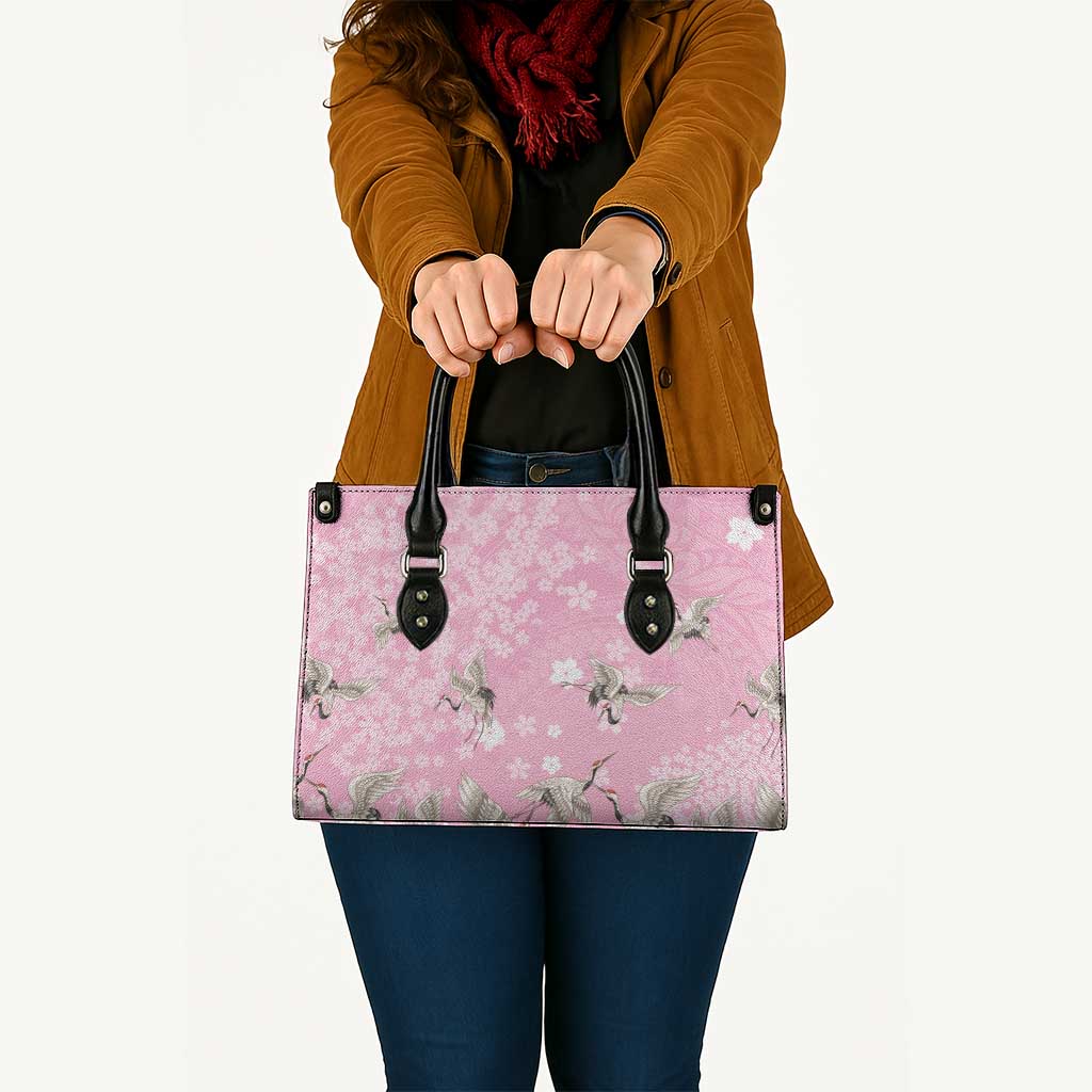 Cranes Sakura Floral Pink Pastel Leather Bag Hawaii Japan Culture - Polynesian Pride