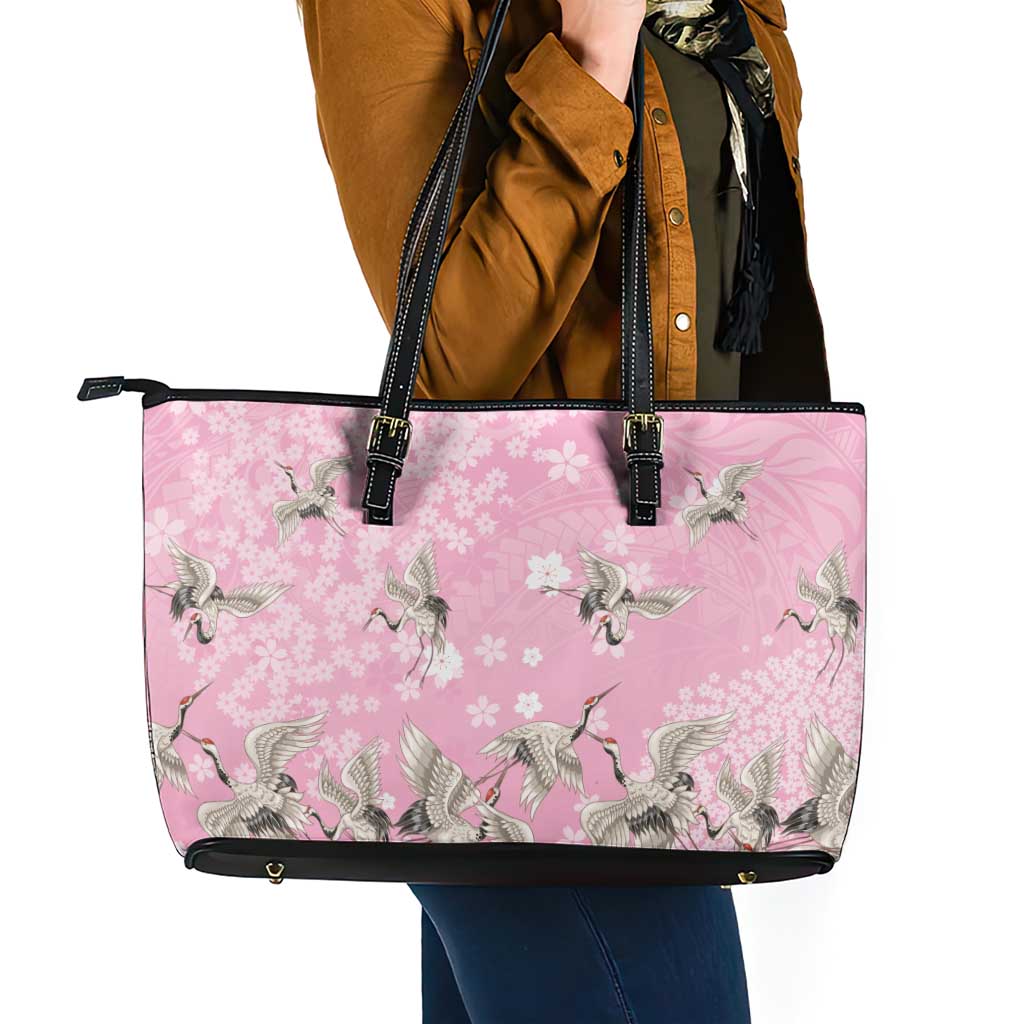 Cranes Sakura Floral Pink Pastel Leather Tote Bag Hawaii Japan Culture LT01 - Polynesian Pride