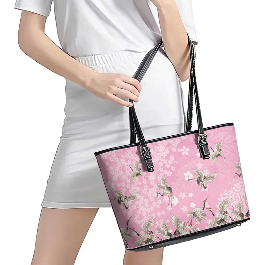 Cranes Sakura Floral Pink Pastel Leather Tote Bag Hawaii Japan Culture LT01 - Polynesian Pride