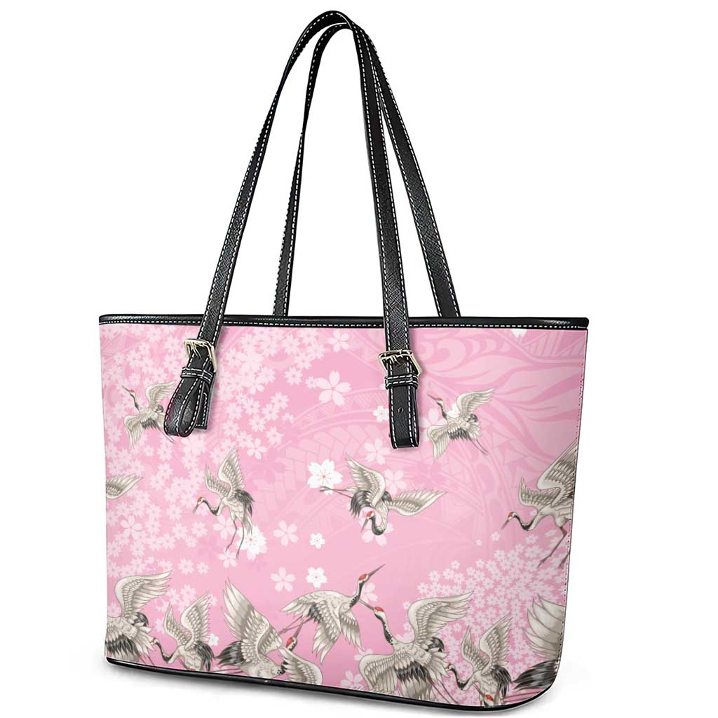 Cranes Sakura Floral Pink Pastel Leather Tote Bag Hawaii Japan Culture LT01 - Polynesian Pride