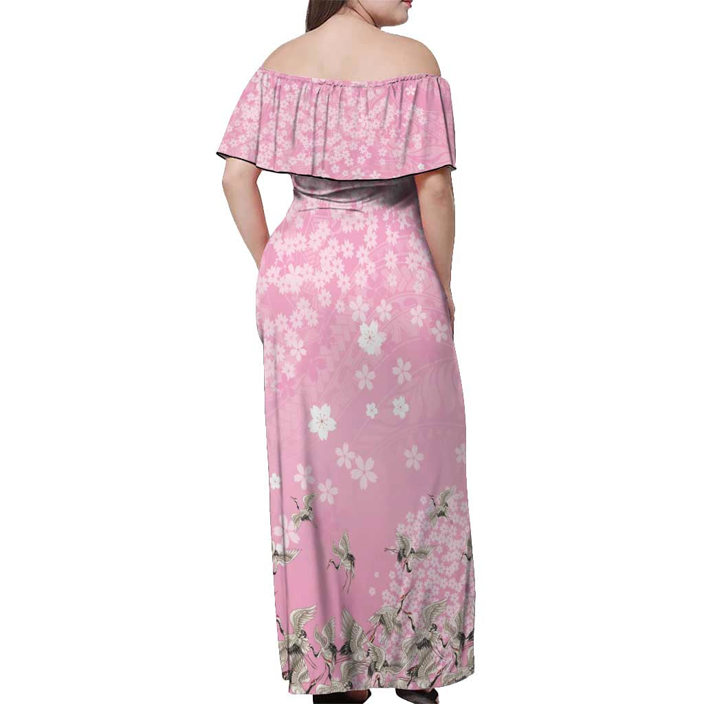 Cranes Sakura Floral Pink Pastel Off Shoulder Maxi Dress Hawaii Japan Culture LT01 - Polynesian Pride