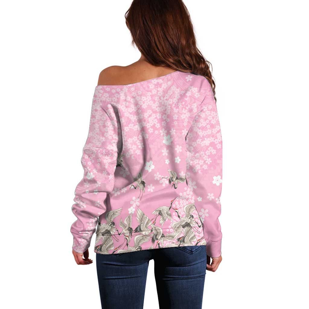 Cranes Sakura Floral Pink Pastel Off Shoulder Sweater Hawaii Japan Culture LT01 - Polynesian Pride