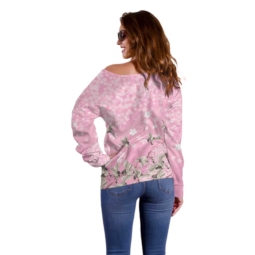 Cranes Sakura Floral Pink Pastel Off Shoulder Sweater Hawaii Japan Culture LT01 - Polynesian Pride