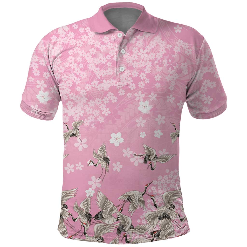 Cranes Sakura Floral Pink Pastel Polo Shirt Hawaii Japan Culture LT01 Pink - Polynesian Pride