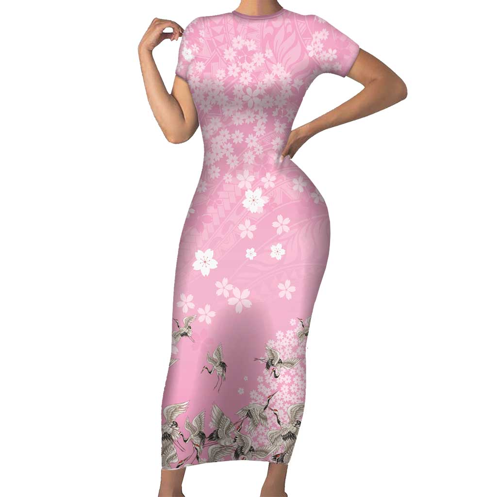 Cranes Sakura Floral Pink Pastel Short Sleeve Bodycon Dress Hawaii Japan Culture - Polynesian Pride