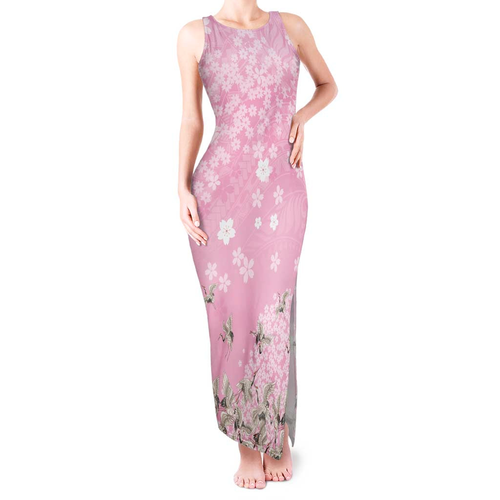 Cranes Sakura Floral Pink Pastel Tank Maxi Dress Hawaii Japan Culture LT01 Women Pink - Polynesian Pride