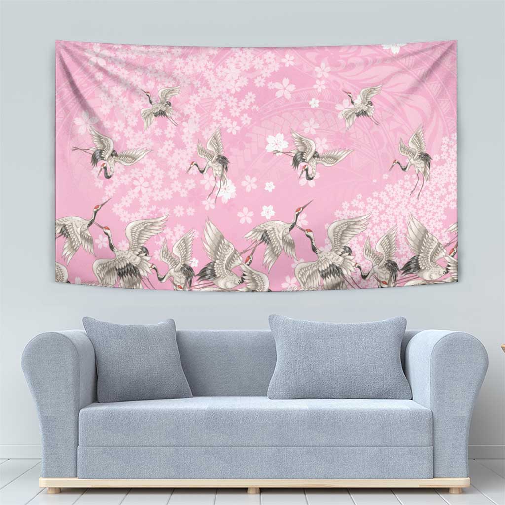 Cranes Sakura Floral Pink Pastel Tapestry Hawaii Japan Culture LT01 - Polynesian Pride