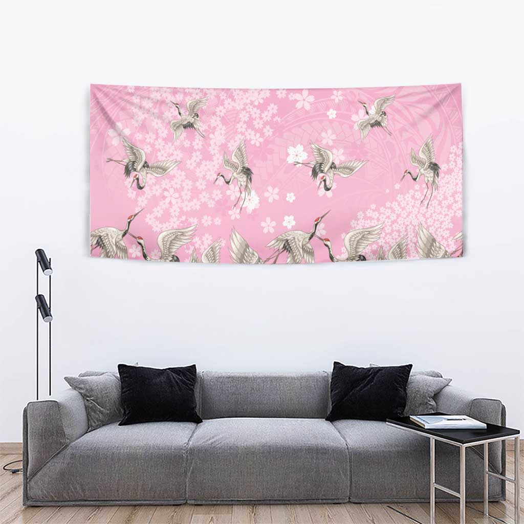 Cranes Sakura Floral Pink Pastel Tapestry Hawaii Japan Culture LT01 - Polynesian Pride