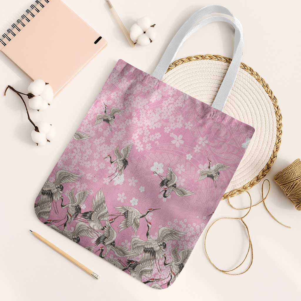 Cranes Sakura Floral Pink Pastel Tote Bag Hawaii Japan Culture - Polynesian Pride