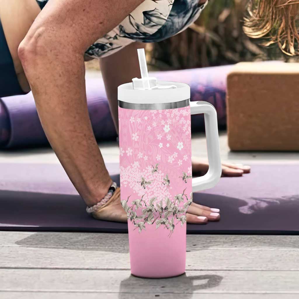 Cranes Sakura Floral Pink Pastel Tumbler With Handle Hawaii Japan Culture LT01 - Polynesian Pride